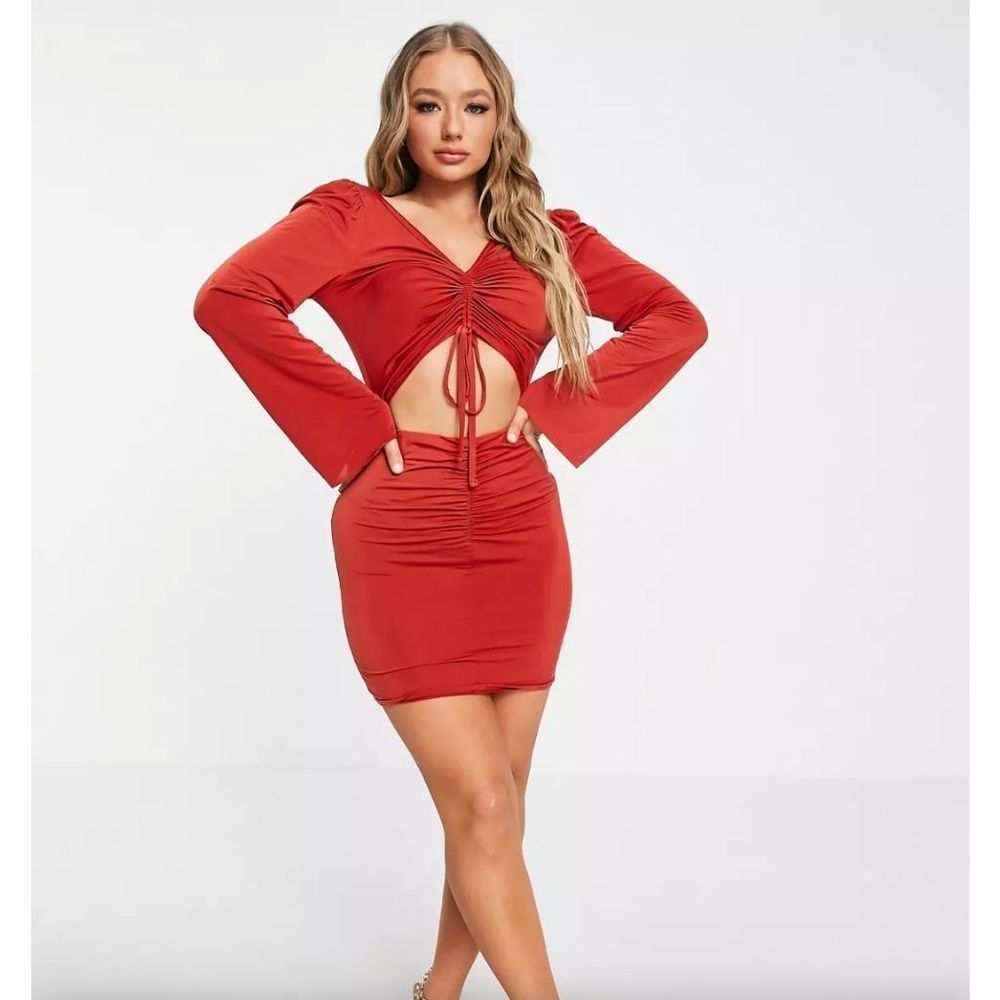 Ruched cutout mini dress with fluted long sleeves
